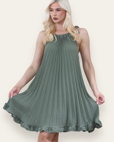 Laura Pleated Dress in Khaki Green (8-18)