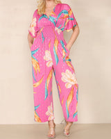Tasha Tropical Print Short Sleeve Jumpsuit in Pink (8-20)