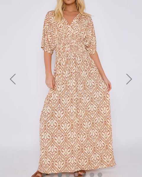Laura Printed Short Sleeve Maxi Dress in Beige (8-20)