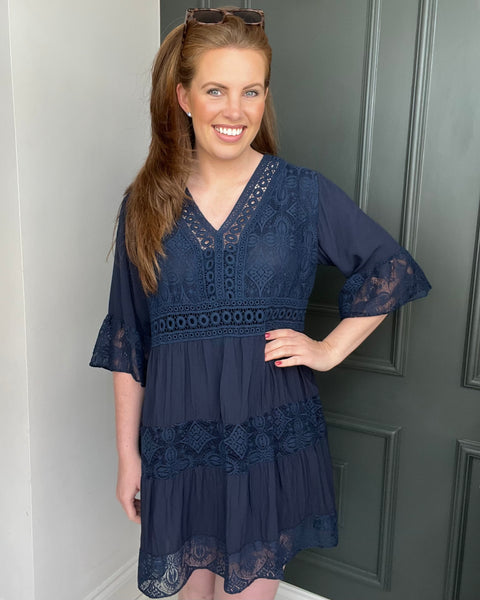 Lily Lace Short Sleeve Dress in Navy (8-16)