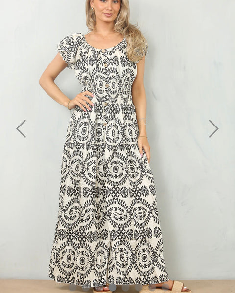Lydia Patterned Maxi Dress in Beige/Black (8-18)