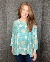 Ava Oversized Floral Fine Knit Top in Turquoise (10-22)
