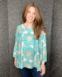 Ava Oversized Floral Fine Knit Top in Turquoise (10-22)