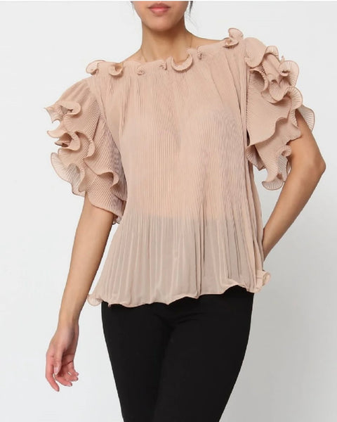 Abigail Pleated Frill Top in Taupe (8 - 18)