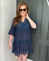 Lily Lace Short Sleeve Dress in Navy (8-16)