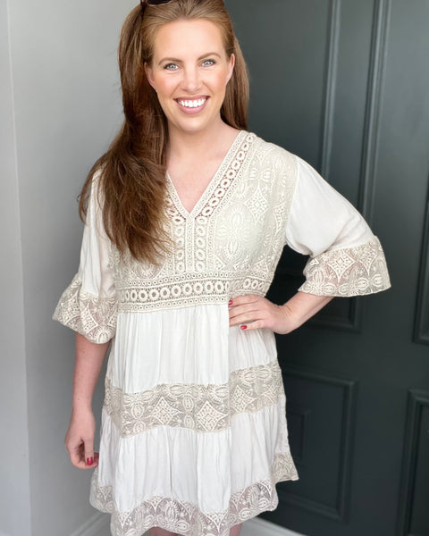 Lily Lace Short Sleeve Dress in Beige (8-16)