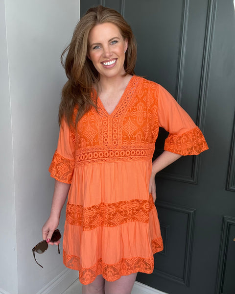 Lily Lace Short Sleeve Dress in Orange (8-16)