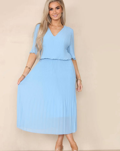 Pippa Pleated Midi Dress in Baby Blue (8-20)