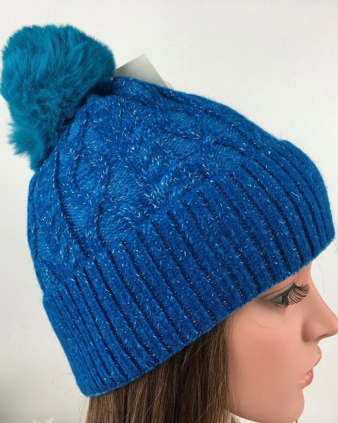 Claire Cable Knitted Pom Pom Hat in Denim Blue