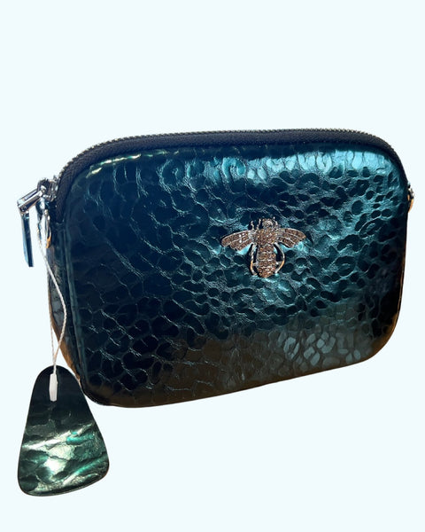 Bee Detail Leather Crossbody Bag in Dark Green
