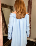 Olivia Off Shoulder Ruffle Bardot Tunic Top in Blue (10-20)