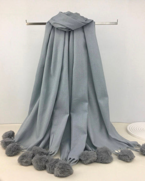 Leila Pom Pom Scarf in Grey