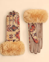 Bernadette Patterned Faux Suede Gloves in Stone