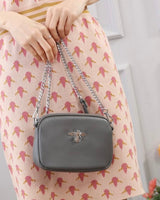 Bee Detail Leather Crossbody Bag in Grey