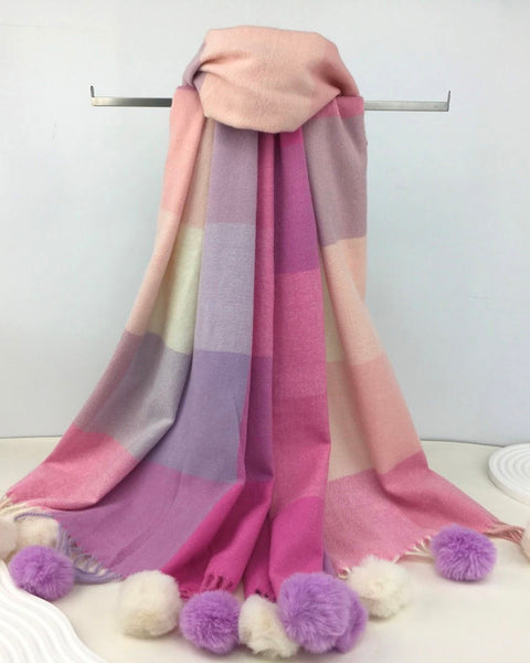 Philippa Pom Pom Tartan Scarf in Purple/White