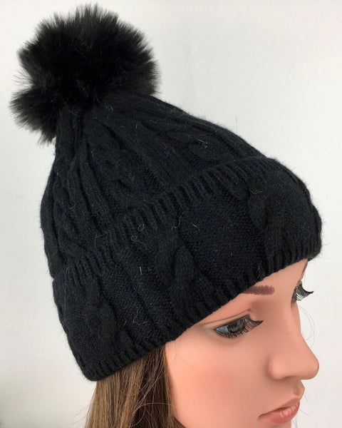 Carly Cable Knitted Pom Pom Hat in Black