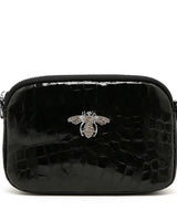 Bee Detail Leather Crossbody Bag in Black