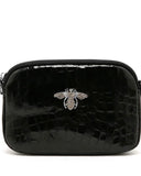 Bee Detail Leather Crossbody Bag in Black