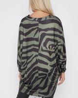 Alex Zebra Print Tunic Top in Khaki Green (Size 8-18)