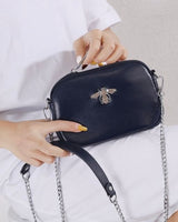 Bee Detail Leather Crossbody Bag in Navy