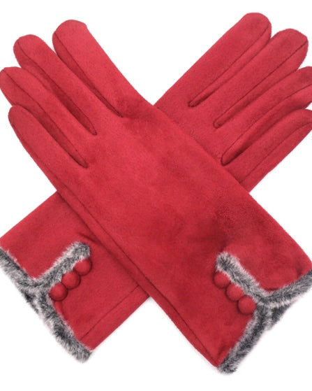 Benny Button Detail Faux Suede Gloves in Dark Red