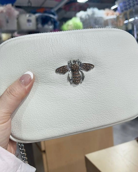 Bee Detail Leather Crossbody Bag in Beige