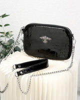 Bee Detail Leather Crossbody Bag in Black