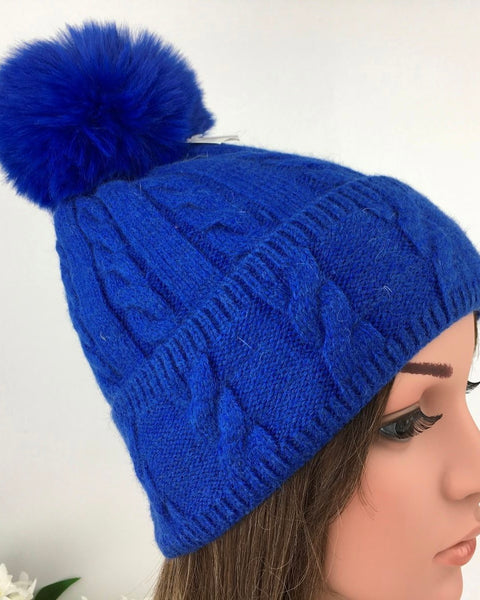 Carly Cable Knitted Pom Pom Hat in Royal Blue