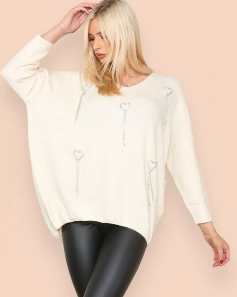 Hillary Heart Tassel Jumper in Cream (Size 10-18)