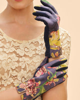 Kylie Floral Faux Suede Gloves in Navy