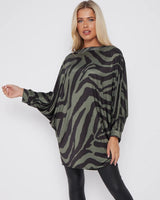 Alex Zebra Print Tunic Top in Khaki Green (Size 8-18)