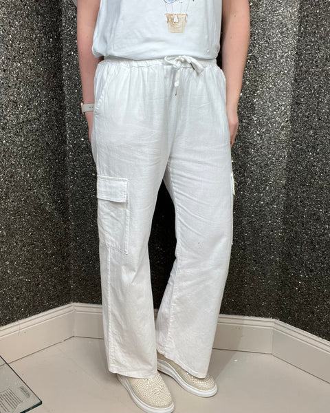 Lola Cargo Linen Trousers in White (8-16)