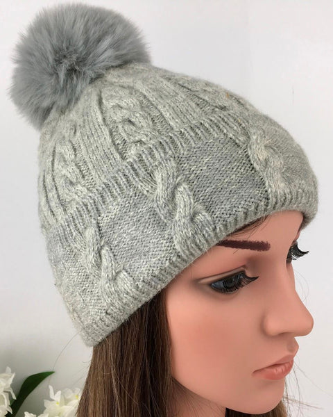 Carly Cable Knitted Pom Pom Hat in Grey
