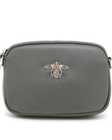 Bee Detail Leather Crossbody Bag in Grey