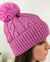 Claire Cable Knitted Pom Pom Hat in Purple