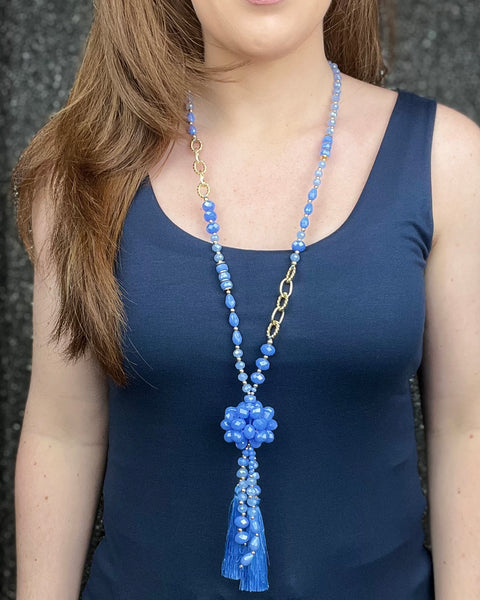 Crete Long Tassel & Bead Necklace in Blue